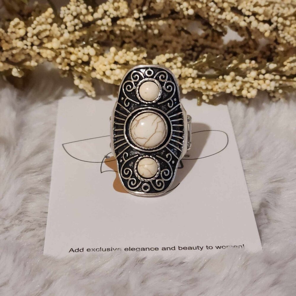 Cream Crackle Stone Knuckle Ring Adjustable Wide Band